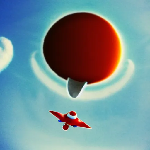 Image similar to chorizo flying over the clouds chasing an ufo