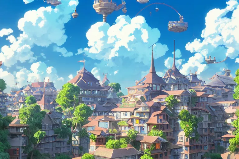Image similar to a wholesome animation key shot of a traditional city with tiled roofs, architecture, very detailed, medium shot, studio ghibli, pixar and disney animation, sharp, rendered in unreal engine 5, anime key art by greg rutkowski, bloom, dramatic lighting, blue sky with clouds