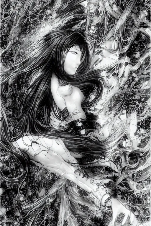 Image similar to a vertical portrait of a character in a scenic environment by Yoshitaka Amano, black and white, dreamy, cybernetic suit, wavy long black hair, highly detailed