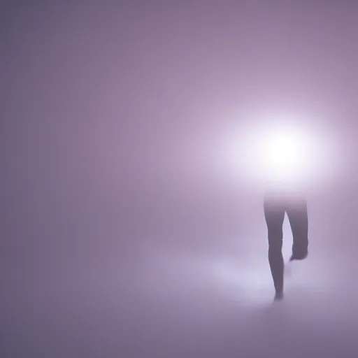 Image similar to a blurry aura glowing in a white mist, human hovering