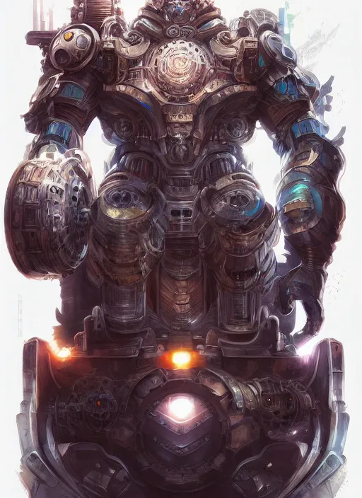 Prompt: god of the machines, burly, gears, colorful, empire, high fantasy, highly detailed, magitek, sharp focus, smooth, digital illustration, by rossdraws, artgerm, franzzeta, chiaroscuro