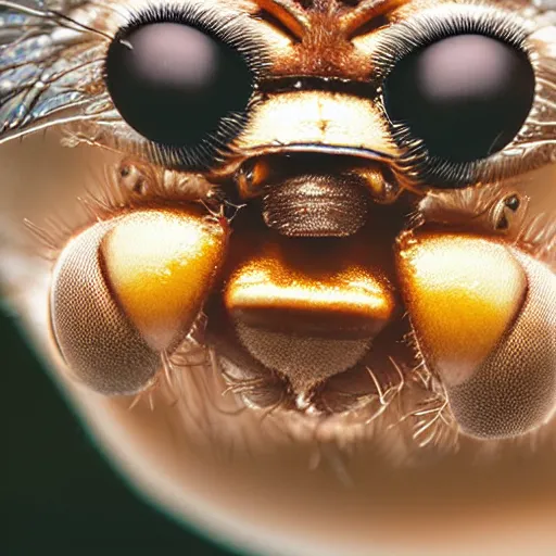 Prompt: a macro photograph of a fly with the head and face of donald trump