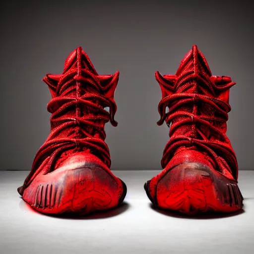 Image similar to horned HR giger esque Yeezy shoe design inspired by the red depths and torture of Hell and Satan, product photography, sneaker photo, studio lighting, professional photoshoot