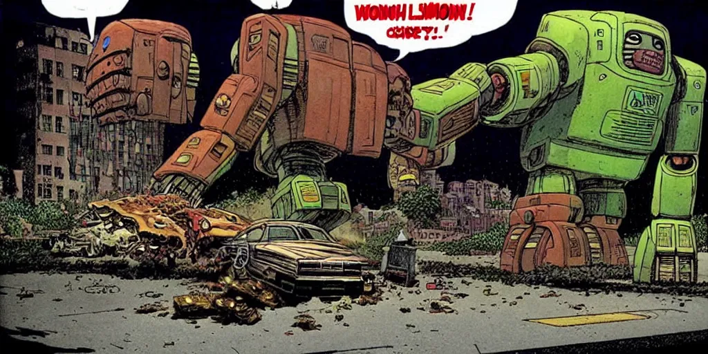 Image similar to Giant robot walking down a street while smoking giant blunt, a crushed car is under the foot of the giant robot by Richard Corben