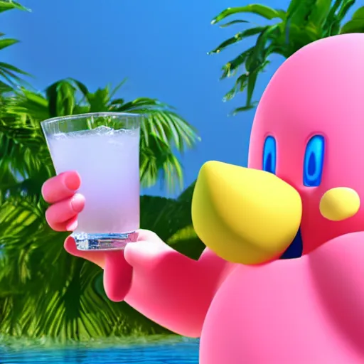 Image similar to 3D render of Kirby sipping a tropical drink