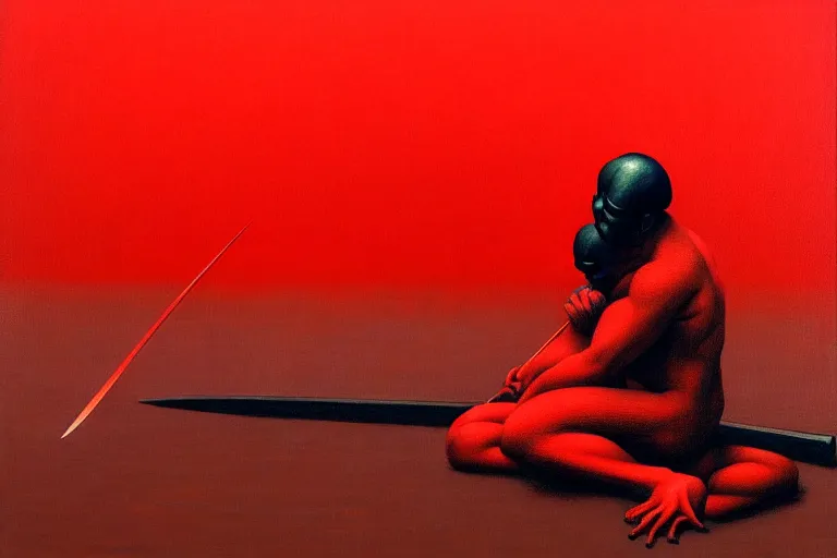 Image similar to only with red, a red samurai do seppuku, tokio, a lot of frogs watch, in the style of beksinski, parts by edward hopper, parts by rodcenko, parts by yue minjun, intricate and epic composition, red by caravaggio, insanely quality, highly detailed, masterpiece, red light, artstation, 4 k