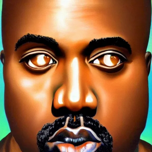 Prompt: very detailed portrait of kanye west's face. extreme close - up. painted by rene magritte, 1 9 2 7. oil on canvas.