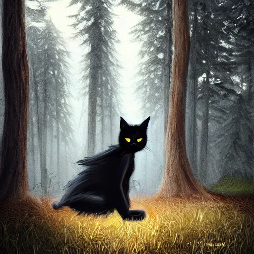 Prompt: a black cat looking curiously, there is a forest in the background, texture, intricate, details, highly detailed, masterpiece, architecture, building, trending on artstation, focus, sharp focus, concept art, digital painting, fantasy, sunny, day, midday