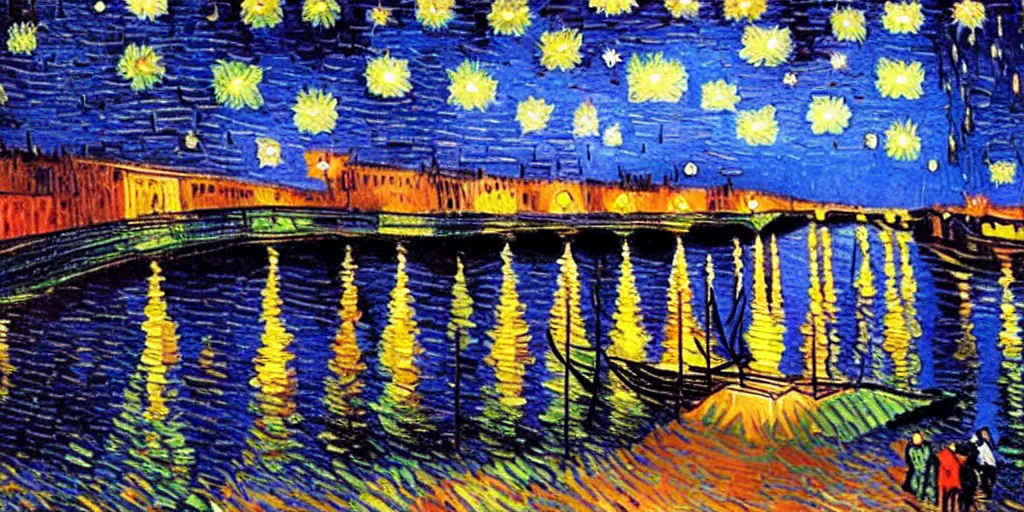 Prompt: rainy bridge golden hour sunset, starry night style van gogh