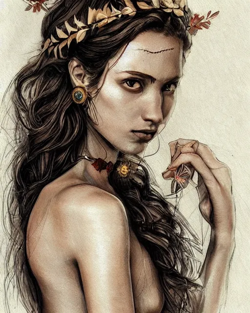 Image similar to realism tattoo sketch of hana soukupova as a beautiful greek goddess aphrodite with piercing eyes wearing a laurel wreath and triangle earrings, in the style of greg rutkowski, amazing detail