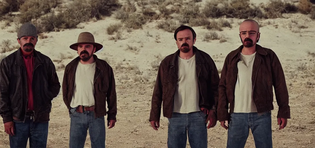 Image similar to mexican walter white and mexican jesse pinkman, cinematic lens, full shot, film still