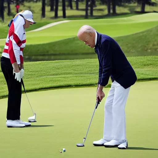 Image similar to joe biden holds the flagpin for xi jingping while he putts on a golf green. official media.