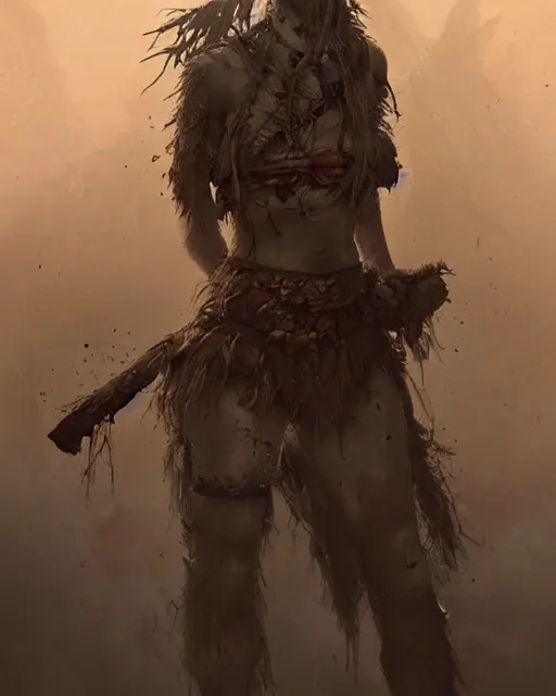 Image similar to hyper realistic photo of postapocalyptic cannibal scavenger shaman woman, full body, cinematic, artstation, cgsociety, greg rutkowski, james gurney, mignola, craig mullins, brom,