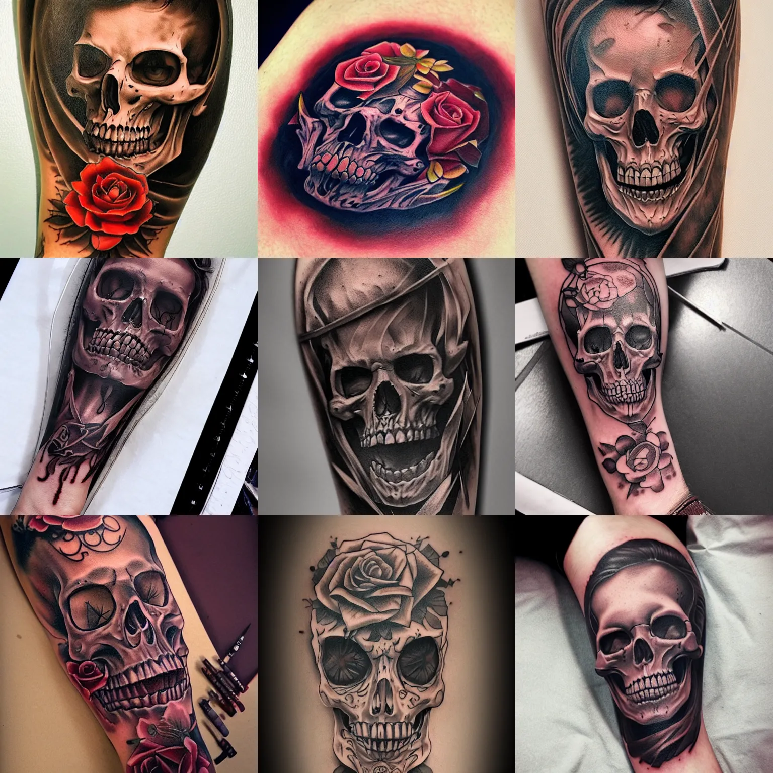 Prompt: muerte tattoo on forearm by ruben barahona, intricate, extremely detailed, digital painting, artstation, concept art, smooth, sharp focus, illustration, intimidating lighting, incredible art,