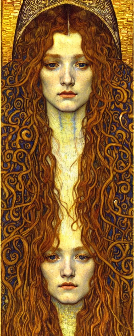 Image similar to detailed realistic beautiful young medieval queen face portrait by jean delville, gustav klimt and vincent van gogh, art nouveau, symbolist, visionary, gothic, pre - raphaelite, muted earthy colors, desaturated