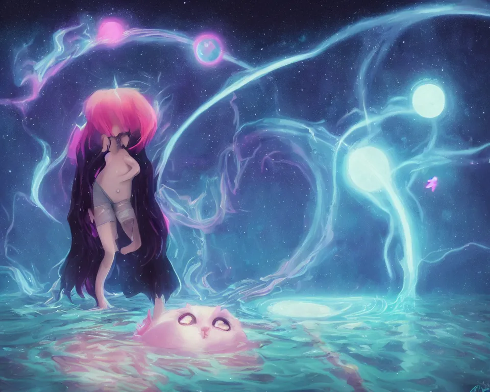 Image similar to beautiful whimsical cat girl standing in a lake in the moonlight, using magic, under a multi-colored binary blackhole with an accretion disc, glowing trails following her arms, wearing professional makeup, acidwave, by Lois van Baarle, by Greg Rutkowski, by artgerm, by beeple, by studio ghibli, cinematic angle, volumetric lighting, 4k resolution, octane render, trending on artstation, masterpiece