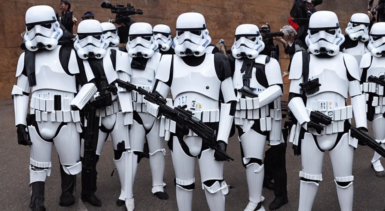 Image similar to star wars stormtroopers shooting donald trump with blasters