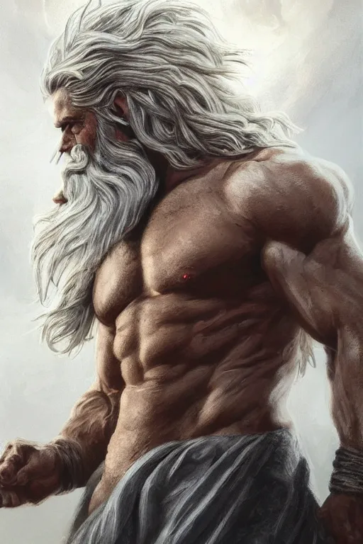 Image similar to painted portrait of rugged zeus, god of thunder, greek god, white hair, masculine, mature, handsome, upper body, muscular, hairy chest, fantasy, intricate, elegant, highly detailed, digital painting, artstation, concept art, smooth, sharp focus, illustration, art by gaston bussiere and craig mullins