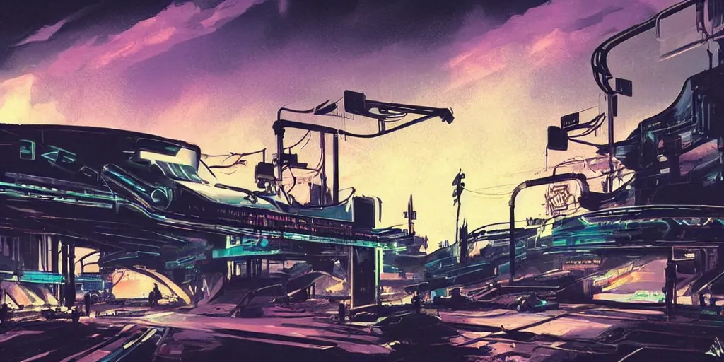 Image similar to post apocalyptic wasteland neon futuristic cyberpunk vaporwave glow sunset clouds sky subway tunnel illustration by syd mead concept art