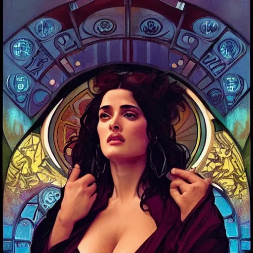 Prompt: salma hayek in a cyberpunk city bar by alphonse mucha, perfect proportions, beautiful face, perfect eyes, real life colors, elegant, sharp focus, hyper - realistic, 4 k, highly detailed, hd, dramatic lighting by brom