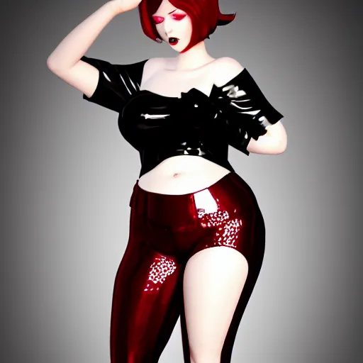 Image similar to a curvy feminine pale goth cutie with a thin waist in a regal tight red-black leather sequined outfit, cgsociety, photorealistic, sublime-comforting ambience, 16k, smooth, sharp focus, trending on ArtStation, volumetric lighting, fully clothed, worksafe