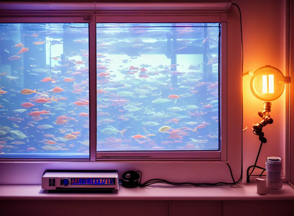 Prompt: telephoto 7 0 mm f / 2. 8 iso 2 0 0 photograph depicting the feeling of insomnia in a cosy cluttered french sci - fi ( art nouveau ) pale cyberpunk apartment in a pastel dreamstate art cinema style. ( aquarium, computer screens, window ( city ), led indicator, lamp ( ( ( photo booth ) ) ) ), ambient light.