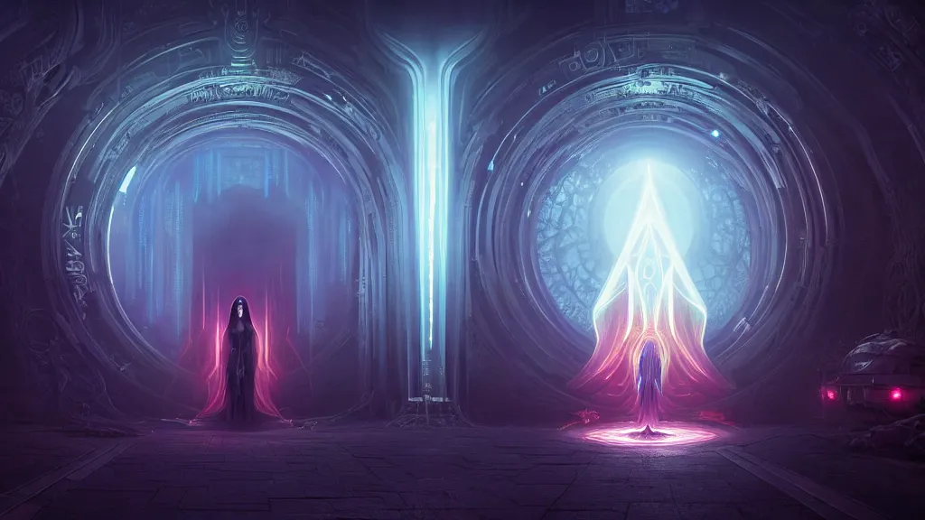 Image similar to portal to the ethereal realm, centered symmetrical composition, intricate concept art, ethereal, ominous, mysterious, enchanted, magic, misty, amazing depth, dramatic lighting, illuminated lines, outrun, vaporware, illuminated runes, cyberpunk darksynth, dark background, 8 k, octane render, by james paick and stephan martiniere and alphonse mucha