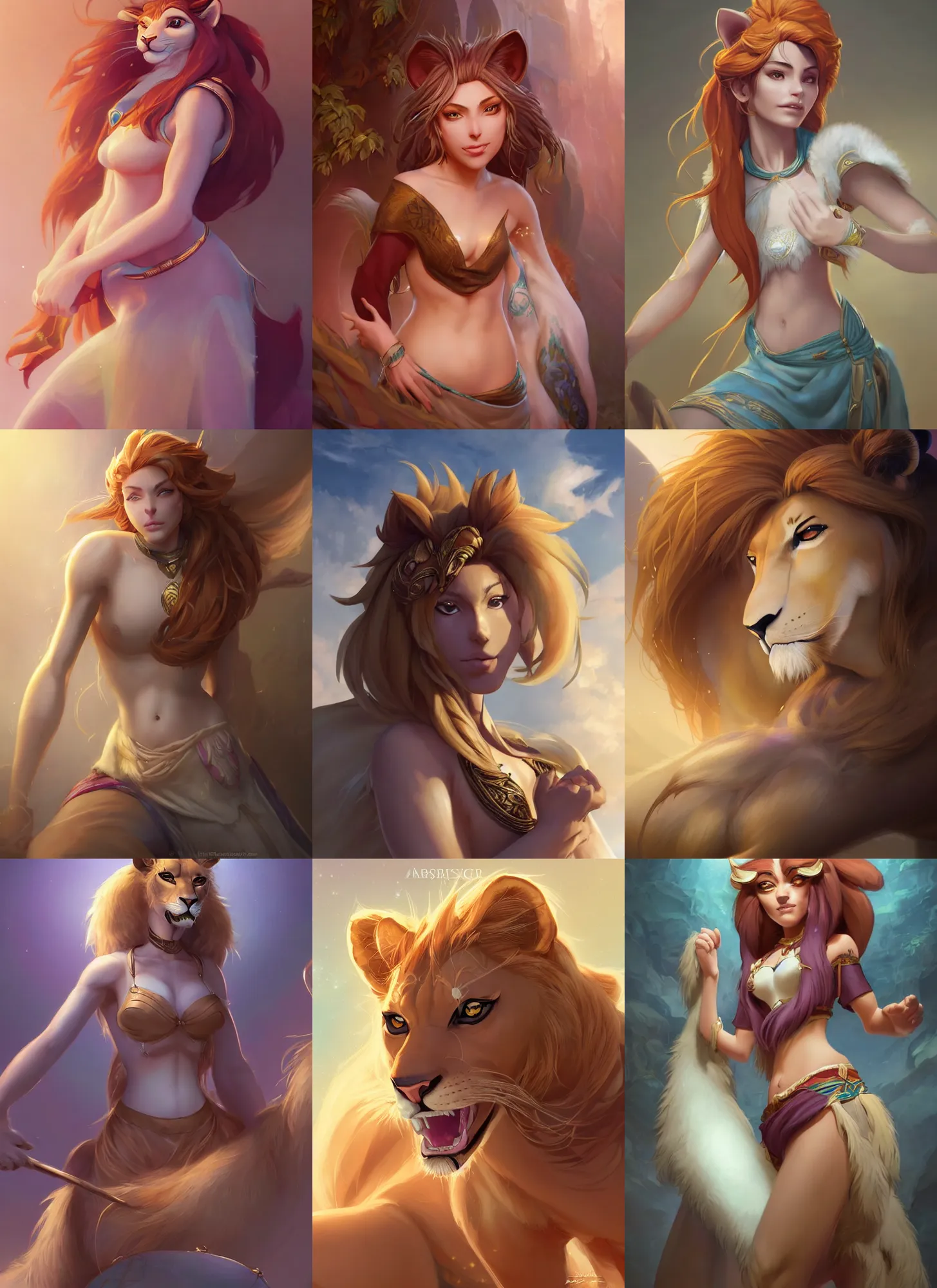 Prompt: beautiful portrait of a female anthropomorphic lioness fursona arabian princess. exposed midriff and visible abs. character design by disney, charlie bowater, ross tran, artgerm, and makoto shinkai, detailed, soft lighting, rendered in octane