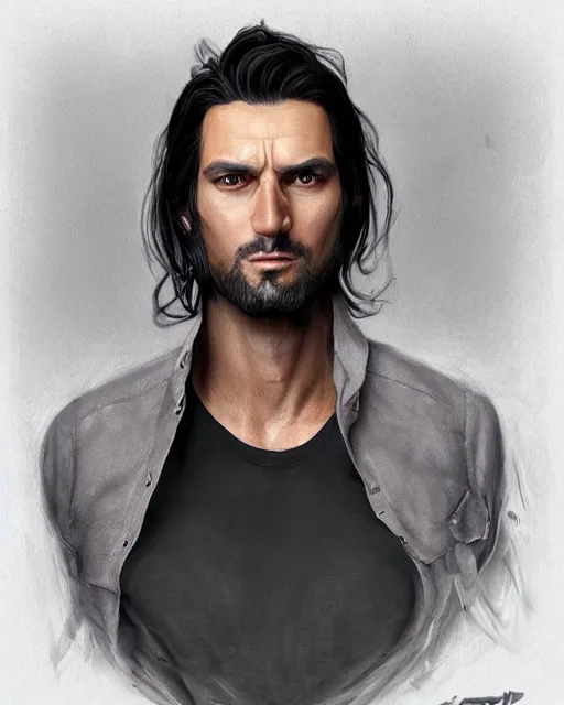 Image similar to portrait of tall, 3 3 - year - old handsome man with long dirty black hair, and ice grey eyes, wearing black clothes, no beard, hyper realistic face, beautiful eyes, character art, art by mark brooks, hyperdetailed, cryengine, trending on artstation, digital art