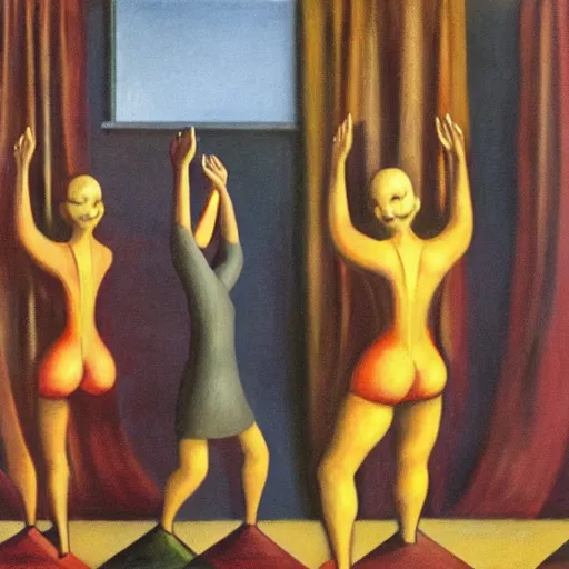 Image similar to twenty dwarves took turns doing handstands on the carpet, pj crook, edward hopper, oil on canvas