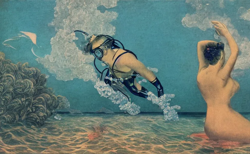 Prompt: vaporwave of 1 9 0 0's scuba diver by adolphe millot