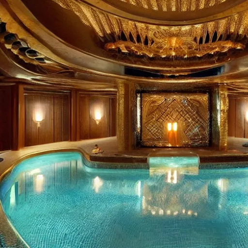 Image similar to interior of a 2 story spa with everything made of gold, candles, wellness pool, intricate detailed roof, contemporary design