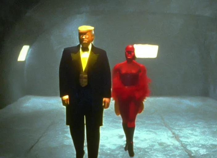 Image similar to screenshot from moody colorful scene of Donald Trump in a lair, scene from the film Batman and Robin 1997 film directed by Joel Schumacher, kodak film stock, anamorphic lens, 4K, crazy set design, wild lighting design, detail, stunning cinematography