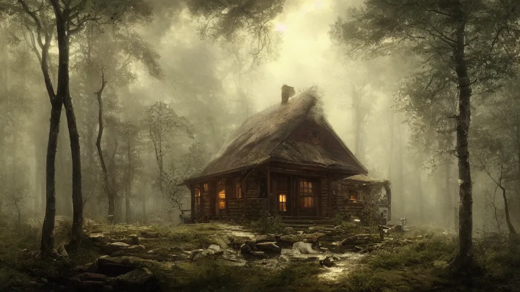 Image similar to [ a cabin in the woods, where the old druid lives ] andreas achenbach, artgerm, mikko lagerstedt, zack snyder, tokujin yoshioka