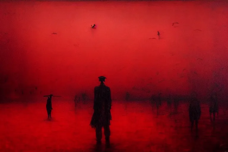 Image similar to only with red, a red dystopic knight, venice, flock of birds in the red sky, in the style of beksinski, parts by edward hopper, parts by rodcenko, parts by yue minjun, intricate and epic composition, red by caravaggio, insanely quality, highly detailed, masterpiece, red light, artstation, 4 k