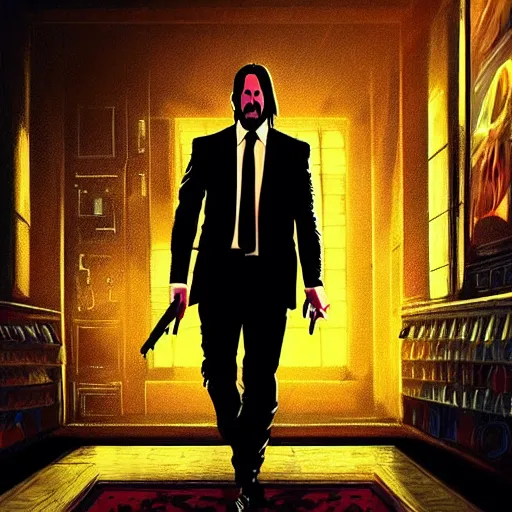 Image similar to john wick as agent 47, artstation hall of fame gallery, editors choice, #1 digital painting of all time, most beautiful image ever created, emotionally evocative, greatest art ever made, lifetime achievement magnum opus masterpiece, the most amazing breathtaking image with the deepest message ever painted, a thing of beauty beyond imagination or words, 4k, highly detailed, cinematic lighting