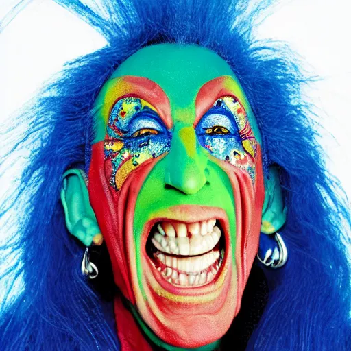 Image similar to UHD color candid photo of Dee Snider dressed as cosmic Freakazoid, accurate face, vivid colors, UHD photorealistic correct face photo by Annie Leibowitz