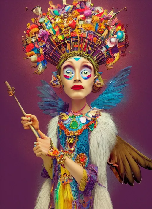 Image similar to an anthropomorphic beautiful goddess female wizard made of colourful bird portrait holding a staff wearing colourful robe, fine art, award winning, intricate, elegant, sharp focus, octane render, hyperrealistic, cinematic lighting, highly detailed, digital painting, 8 k concept art, art by jamie hewlett and z. w. gu, masterpiece, trending on artstation, 8 k