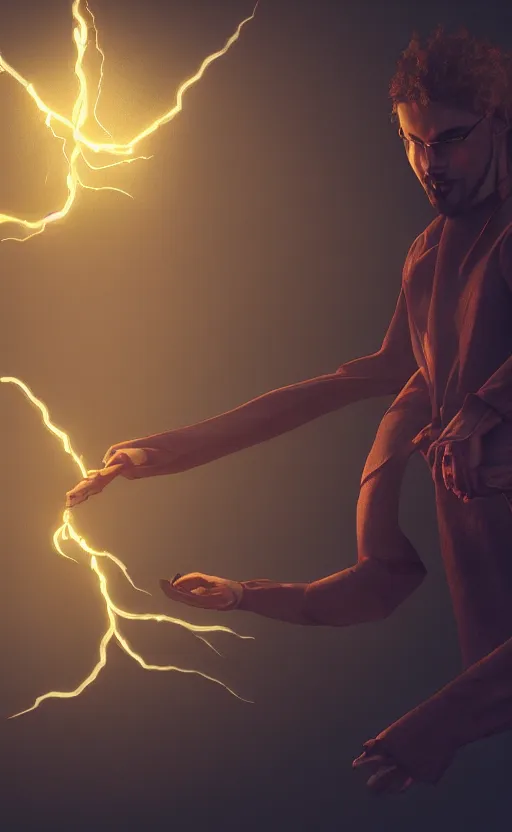 Prompt: Eliezer Yudkowski casting an electricity spell. Digital art trending on artstation. 4k. Tyndall effect.