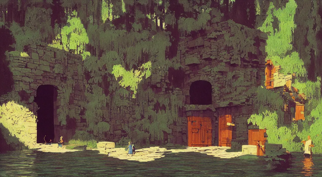 Prompt: single flooded simple wooden dungeon entrance, very coherent and colorful high contrast!! masterpiece by rene magritte simon stalenhag carl spitzweg syd mead norman rockwell edward hopper james gilleard, minimalist, dark shadows, sunny day, hard lighting