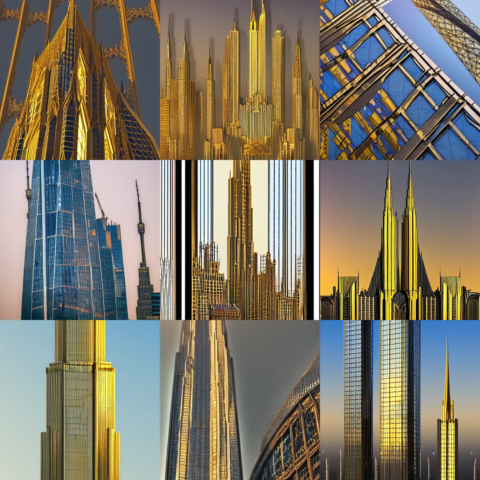Prompt: full detailed intricate schematic of worlds tallest building, gothic detail, glass and steel, golden hour, misty atmosphere