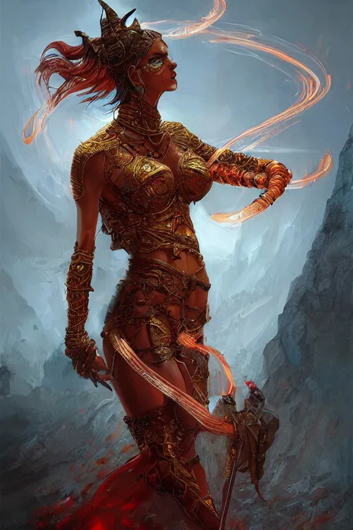 Image similar to Long Worm made of Fire wrapped around the arm of the beautiful fire goddess wearing ornate bikini armor, digital art, trending on artstation, cgsociety, detailed, illustration, professional art by Seb McKinnon