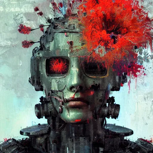 Image similar to a painting by jeremy mann of a robot head with flowers growing out, highly detailed, color bleeding, pixel sorting, plain black background, studio lighting