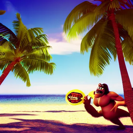 Prompt: king kong in a bikini clearing a space for himself at the beach, cinematic, octane render, sunny day, tropical island.