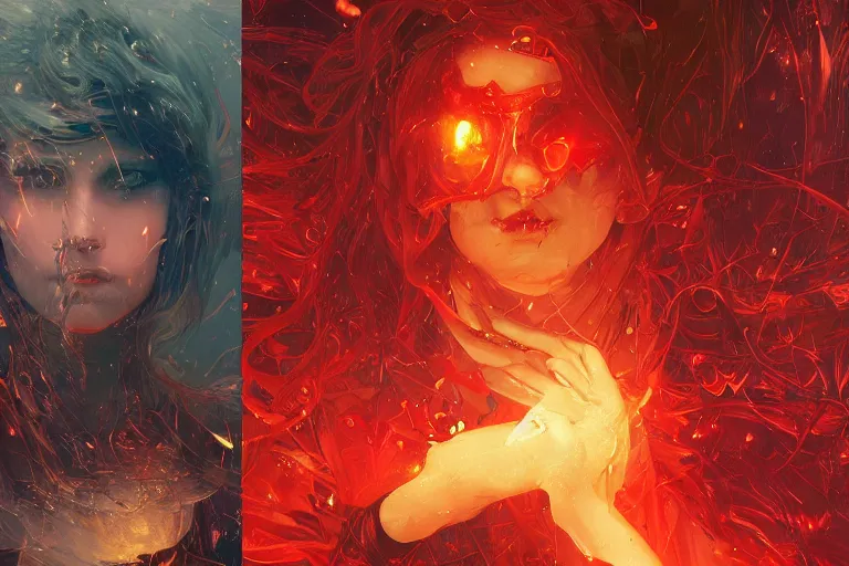 Image similar to arcs of flame, simulation of water splashes, shards of mercury, dramatic lighting, cyberpunk neon, secret cypher, red flowers, solar flares, intricate art by John Collier and Albert Aublet and Krenz Cushart and Artem Demura and Alphonse Mucha