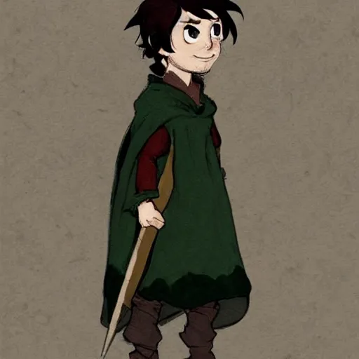 Prompt: a concept art of a cute hobbit boy wearing a dark green cloak with a hood that has fox ears on it holding a fox, trending on artstation, digital art, dungeons and dragons, realistic, Anime