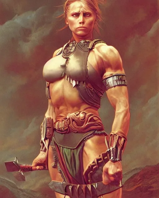 Image similar to a portrait of a fit female warrior by boris valejo and Thomas Cole and Wayne Barlowe