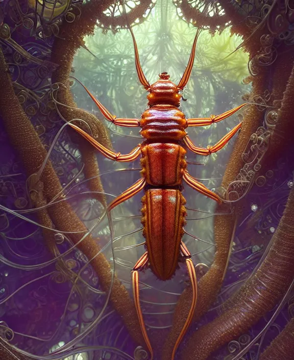 Image similar to intricate ornate opulent transparent clear see - through portrait of a playful beautiful starfish mollusk beetle, fractal, adorable, childlike, overgrown biopunk jungle environment, ultra realistic, concept art, art nouveau, photorealistic, octane render, 8 k, unreal engine. art by christopher marley and artgerm and greg rutkowski and alphonse mucha