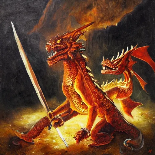 Image similar to armoured ginger man stands triumphantly on the corpse of a dragon, bloody spear in hand, oil painting, dramatic lighting