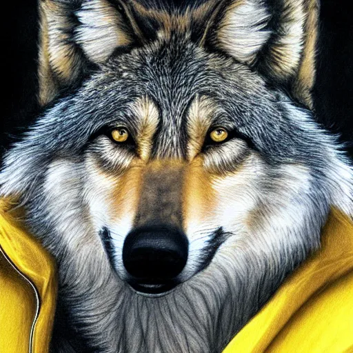 Image similar to a close-up of an anthro mexican gray wolf face wearing a yellow raincoat from Dark (Netflix series), pencil drawing